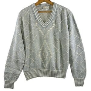 VTG London Fog Mens Argyle Sweater Sz L Heathered Blue Collegiate Ivy League